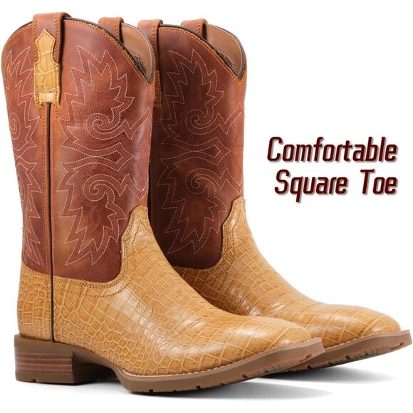 Men‘s Tan Caiman Belly Leather Cowboy Bold Crocodile Texture Square Toe Boots